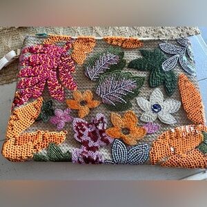 Embroidered and Sequined Floral Wristlet/Clutch New